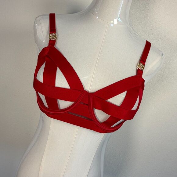 Victoria's Secret Other - Victoria’s Secret Bra 34C Red Strappy Cage Underwire Cutout